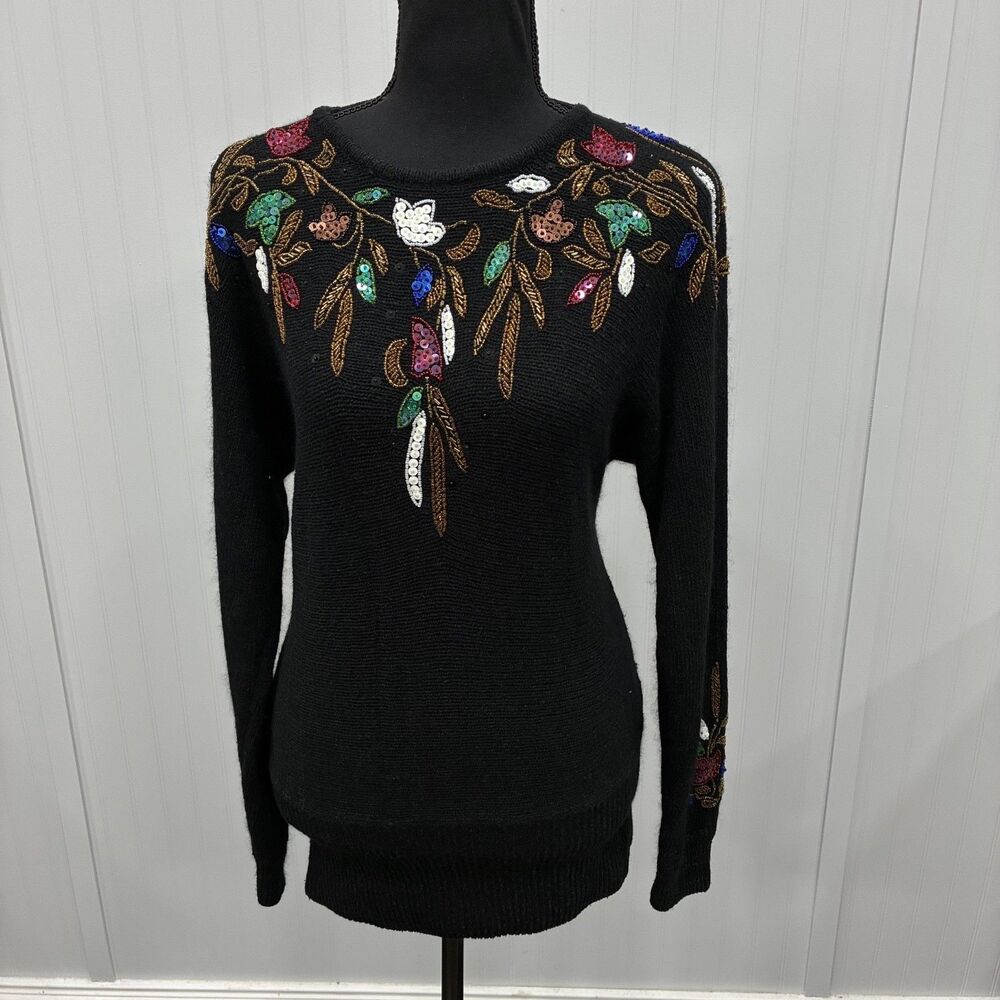 VTG IB Diffusion Womens Small Black Floral Sequin Silk Rabbit Hair Blend Sweater